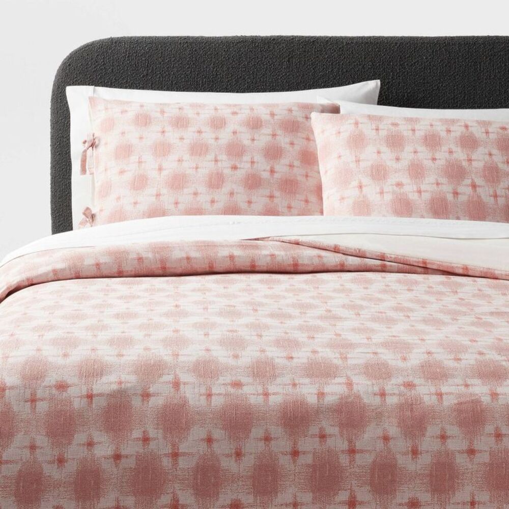 Full/Queen Cotton Slub Yarn Dye Ikat Duvet Cover Set - Ivory/Mauve